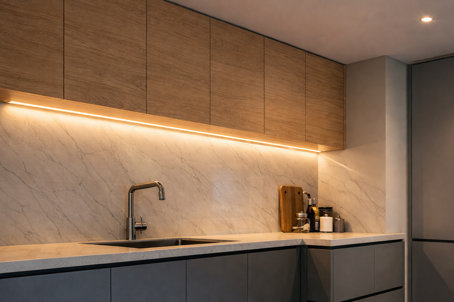 LUMSET side-emitting COB LED strip application - cabinet edge and wall wash lighting